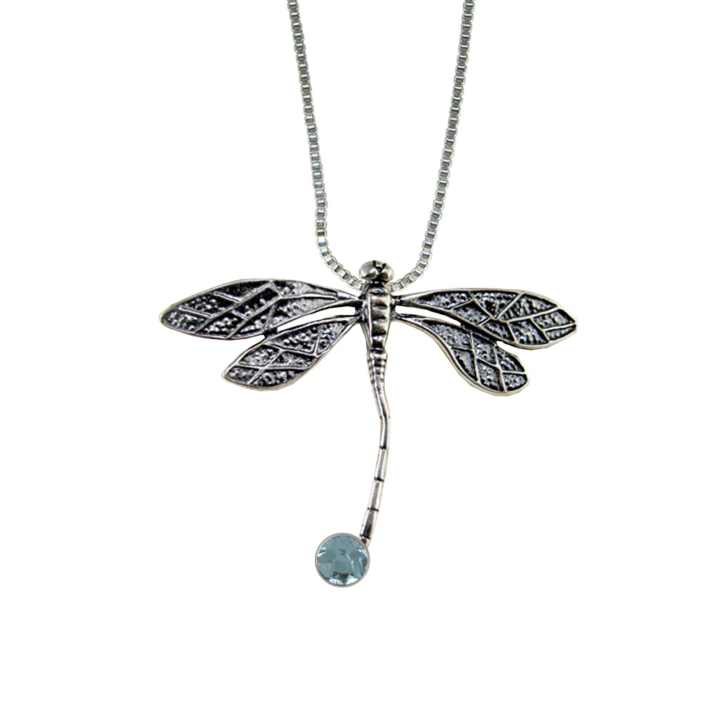 Sterling Silver Dragonfly Pendant With Faceted blue Topaz